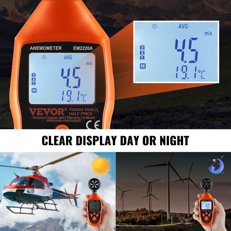VEVOR Portable Anemometer with LED Backlit Display, Measures Wind Speed, Temperature, Air Volume, and Chill Factor, Ideal for Outdoor Activities