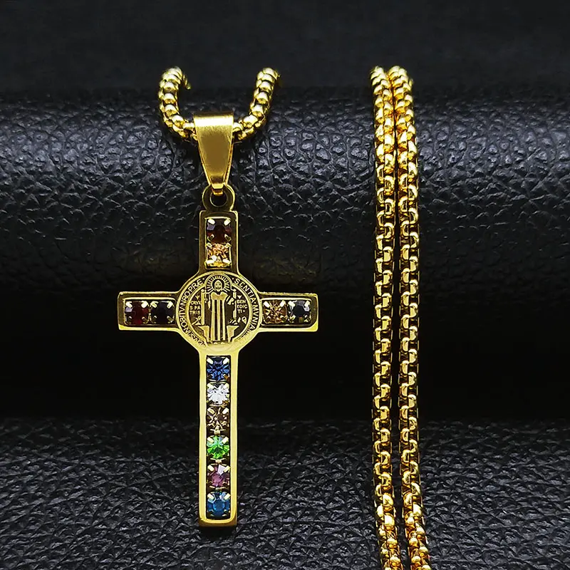 Men's Christian Necklace with Gold-Tone Cross Design Pendant, Stainless Steel Saint Benedict Religious Jewelry, Faith-Based Fashion, Necklace And Chain, Religious Pendant, Prom