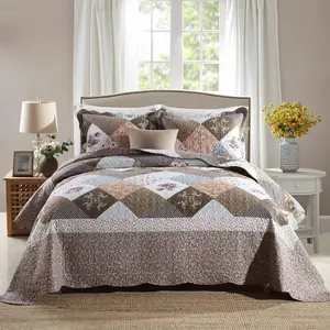 Set King Size - 3 Piece Microfiber Reversible Bedspreads Patchwork Coverlet Floral Bedding Set All Season- Splicing Mocha Rose