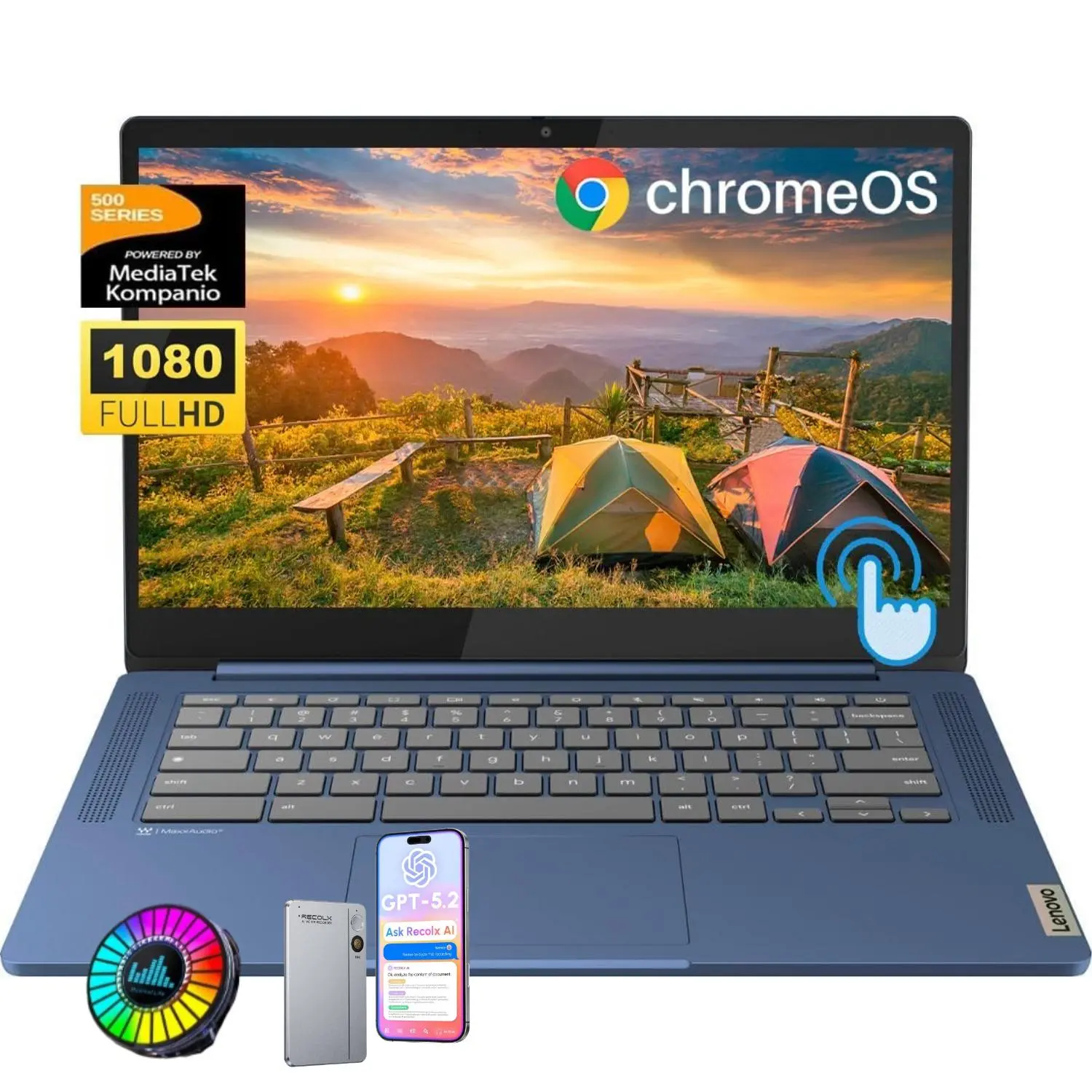 Lenovo 2026 Slim 3 14" FHD Touchscreen Chromebook | 8-Core MediaTek 520, Up to 16GB RAM, 64GB eMMC+128GB Micro SD, 13.5H Battery, WiFi 6, Chrome OS, Student Business Laptop with Bundle Accessory