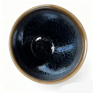Artisan Jianzhan Tea Cup Deep Blue & Black Crackle Kiln-Changed Glaze Intricate Web-Like Pattern Handcrafted Ceramic Food-Safe Porcelain Teacup for Traditional Chinese Tea Ceremony Premium Gift for Tea Connoisseurs & Collectors