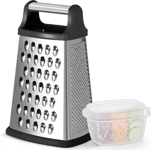 Cheese Grater, Handheld Box Grater with Container & Lid, 4-Sided Stainless Steel for Kitchen, Wavy Julienne, Slicer, Coarse Shred & Fine Zester, Non-Slip Base, Dishwasher Safe, 8 Inch