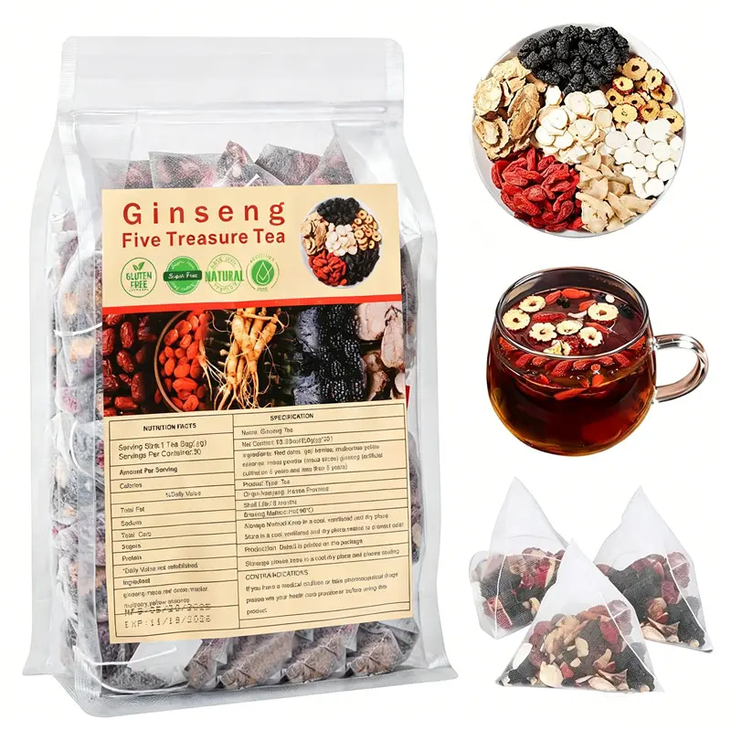Organic Ginseng 5-Treasure Kidney Tea - Pure Herbs Beverage with Sweet Aroma, Natural Cleansing Detox for Adults, Reusable Packs (1 Pack/30 Bags), Yes-Sugar Option