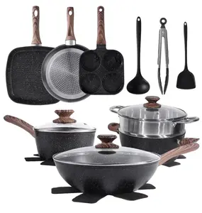 Gianna 17-piece non-stick cookware set, non-toxic, heat-insulated handles, healthy, non-stick, includes frying pan, saucepan, glass lid, kitchen utensils, buy now while on sale, durable Bakelite aluminum handles, Father's Day gift