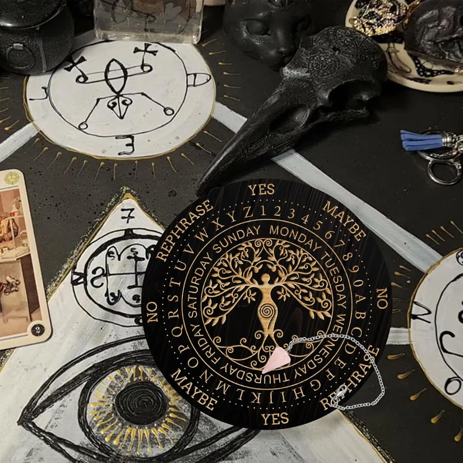15 * 15cm Wooden Divination Board Set 3 Pieces, Cone Crystal Pendant, Creative Base Display Stand, Home Decoration, Meditation Tool, Interior Decoration Accessories