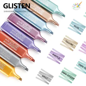 8 Colour Highlighter, Metallic Glitter Highlighter, Slant Tip Glitter Marker, Drawing Pen, Water Based Marker, Suitable for Drawing And Doodling, Handbook Journaling, Key Marking.