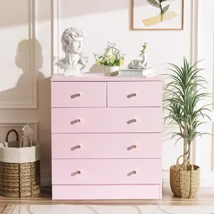 Karlhome Pink 5 Drawer Dresser for Bedroom, Modern Wood Dresser Chest of Drawers, Pink Bedroom Dressers for Girls, Anti-Tipping Device, Rose Gold Metal Handle, Living Room, Entryway, Hallway, Office