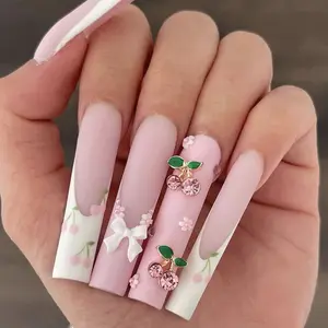 24 Pcs Cherry Long Square Nail Tips, Flower Design Rhinestone, Includes Jelly Glue & File, Durable, Perfect for Festive, Daily, School, Office, Party Wear