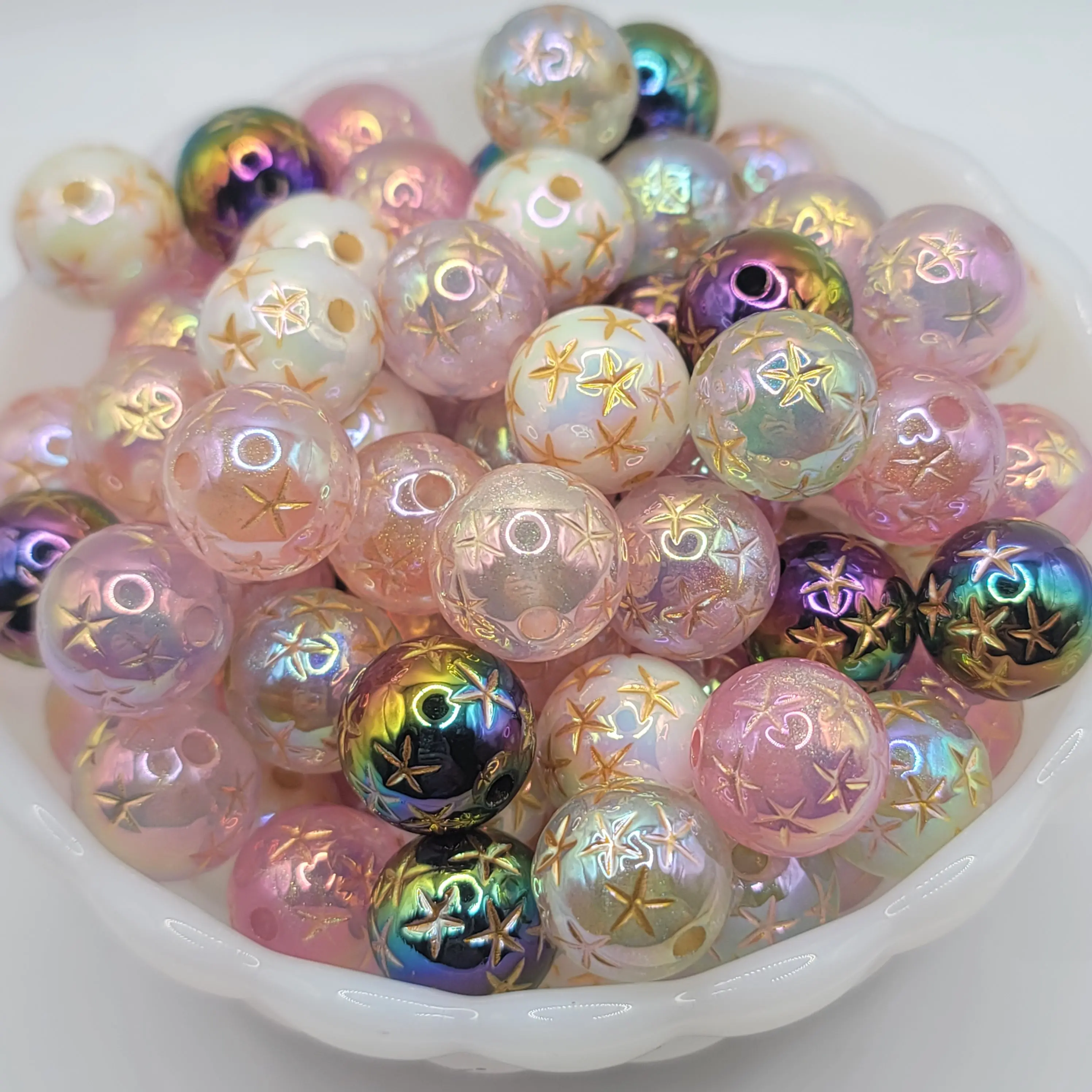 16mm Engraved Star UV Acrylic Plastic Beaded Set, Mixed Colors (Low Dark Color Quantity), 15pcs DIY Craft Kit for Bracelet & Keychain Making, Beads and Accessories