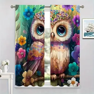 2-Piece Colorful Cartoon Owl Digital Print Curtains, Home Decor Style for Living Room Bedroom Window, Rod Pocket Design
