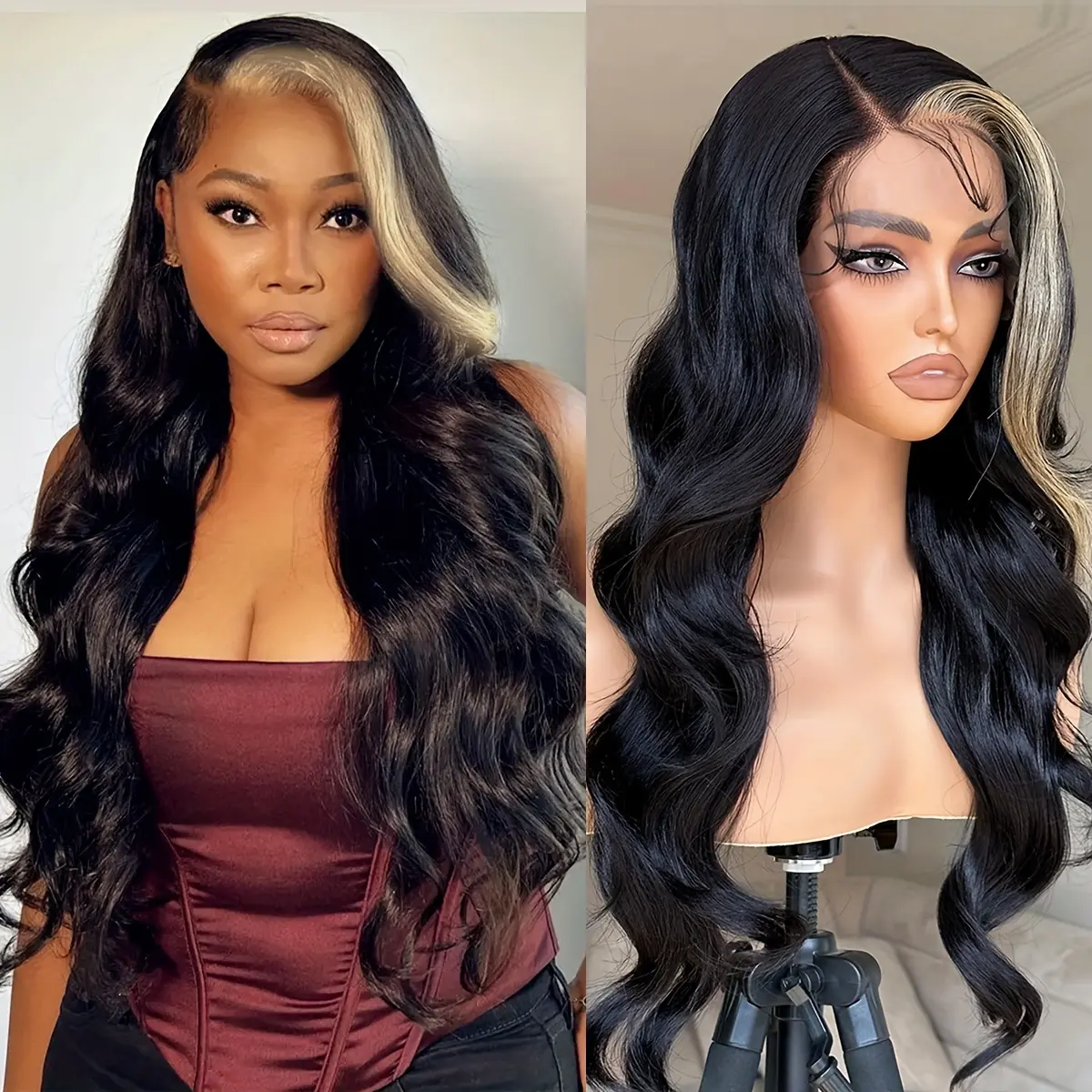 ZIHAN 13x5x1 Skunk Stripe Wig Lace Front Wig Pre Pull Synthetic Lace Front Wig for Women Black and Gold Wig Skunk Stripe Lace Front Wig 26 inches