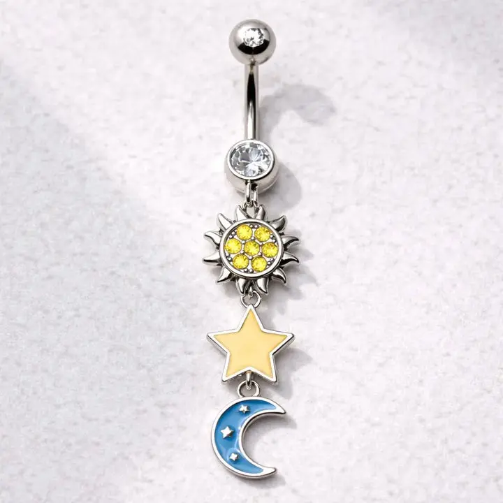 316L Stainless Steel Sun, Moon & Star Dangle Navel Ring