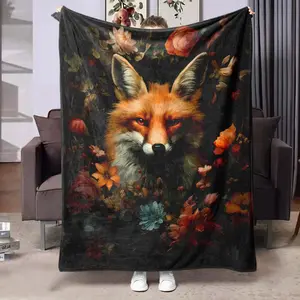 Fox & Floral Pattern Blanket, 1 Count Soft Warm Throw Blanket, Air-conditioned Room Blanket, Warm Nap Blanket for Home Office Camping Travel
