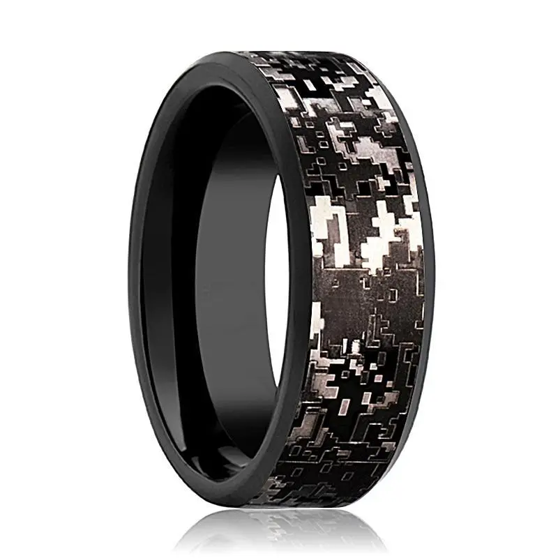 Camo Wedding Band - Black Tungsten - Black Digital Camo  - Tungsten Wedding Band - Beveled - Polished Finish - 8mm - Tungsten Wedding Ring