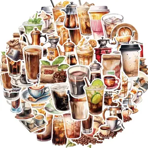 Coffee Pattern Sticker, 50pcs/set Vinyl Coffee Water Bottle Sticker, Decorative Sticker for Coffee Gifts, Coffee Party Favors, Coffee Accessories, Ornaments