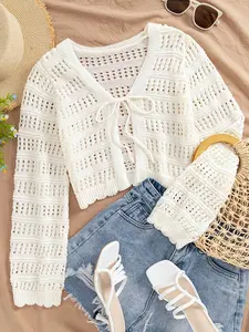 Spring Summer Sweet French Lace Knit Cardigan, Short Belted Fitted Jacket for Women, High-End Pure Desire Long Sleeve Outerwear