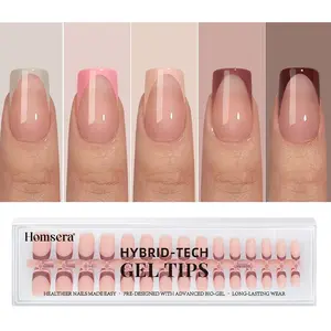 Fall Short Square French Press Gel Nails, Bare Soft Removable Acrylic False Tips, Nail Extensions, Long-Lasting Glossy Manicure, Women & Girls