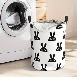 Black Cute Bunny Print Collapsible Laundry Basket - Thickened Oxford Fabric Extra Large Round Storage Hamper with Handles for Bedroom, Bathroom, Dorm - Toys & Clothes Organizer, Space-Saving Design, Laundry Baskets