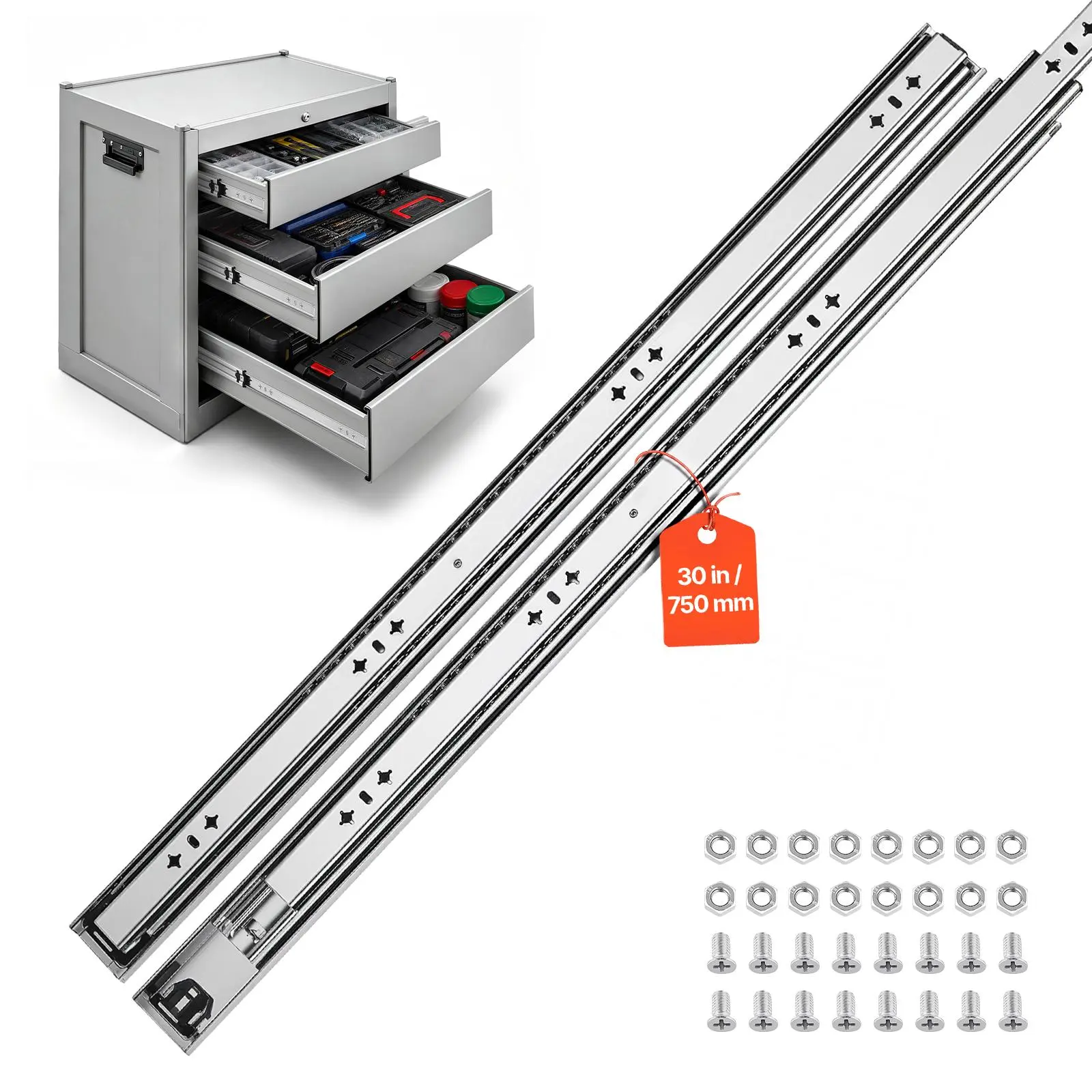 VEVOR Heavy Duty 3-Fold Full Extension Ball Bearing Drawer Slides, 30 in 265 lbs Load Side Mount Full Metal Construction Sliders, Reinforced Steel Track Screws & Nuts Included, 1 Pair for Cabinets, Workbench, Reinforced Steel Sliders