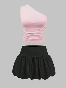 Two-Piece Set Women's Solid Crop Tank Top & Bubble Skirt Set, Casual Sleeveless Top & Skirt for Summer, Ladies Clothes for Beach Holiday Vacation