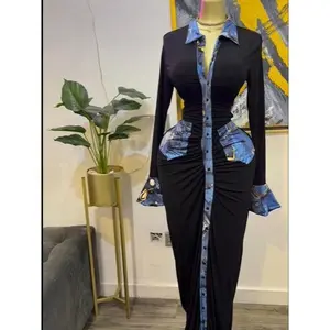 Women’s denim print patchwork long-sleeve lapel-collar bodycon midi slim-fit maxi dress; single-button autumn/winter party birthday dress; casual fashion shirt-style dressy cutout-back long dresses; trendy ladies’ streetwear fabric for education.