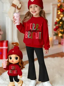 Girls' Fashion Christmas Letter Print Round Neck Sweatshirt Set with Bell Bottom Pants, Two-Piece for Fall & Winter