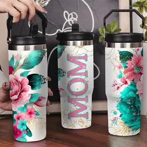 30oz Stainless Steel Insulated Tumbler with Leak-Proof Lid & Portable Handle - Pink flowers surround the MOM logo,Long-Lasting Hot/Cold Insulation,Perfect for Car,Office,Travel and Birthday Gifts, Travel Drinkware,Horse Drink Water Bottles
