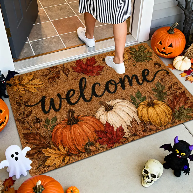 Halloween Fall Pumpkin Welcome Doormat with Letter Artwork & Retro Look - Multi-Size Decorative Doormat for Front Doorway, Indoors-Outdoors Autumn Maple Leaf Harvest Home Decor