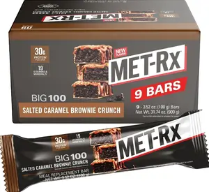 MET-Rx Big 100 Protein Bar, Meal Replacement Bar, 30G Protein, Salted Caramel Brownie Crunch, 9 Count, 3.52 Oz.(Packaging may vary)