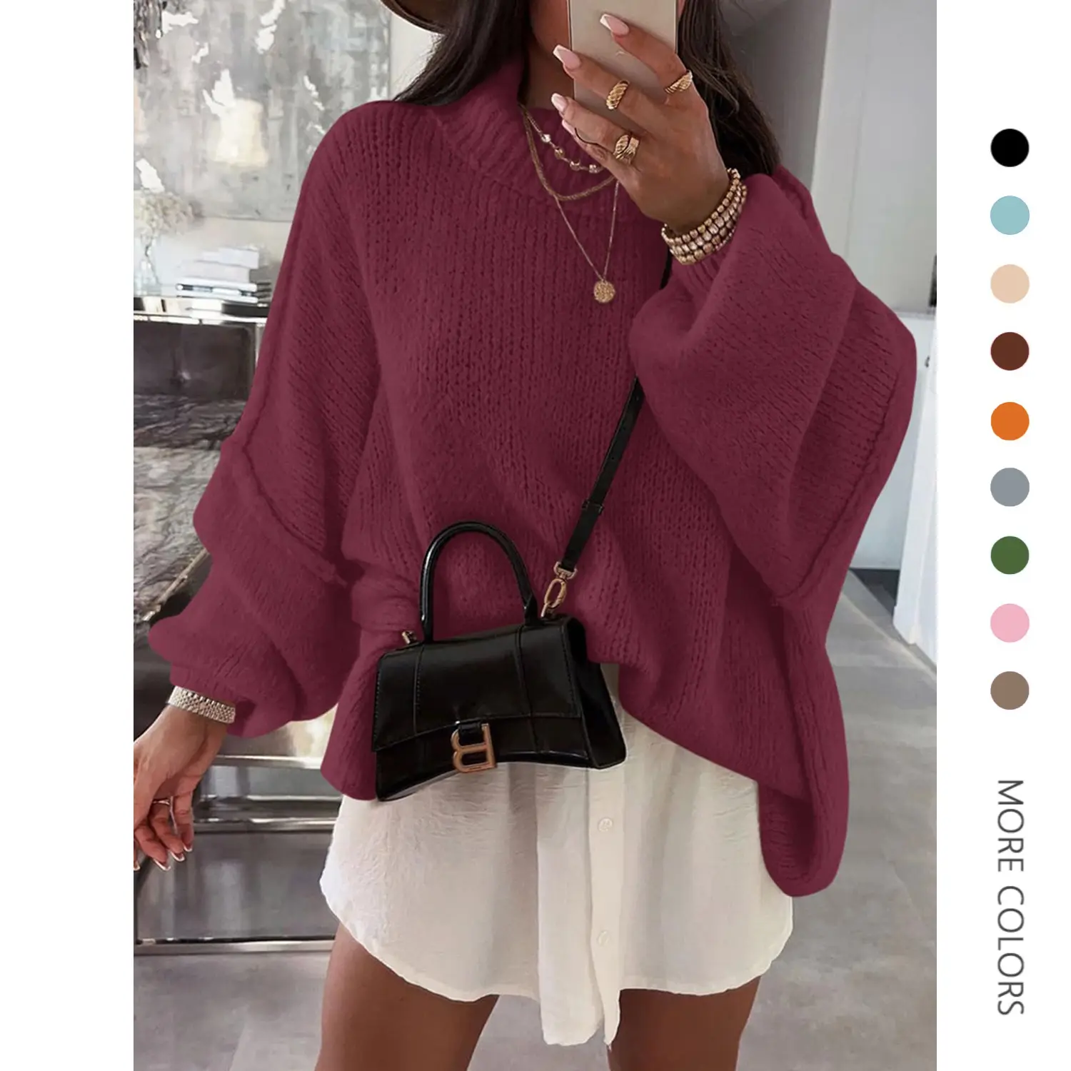 Danedvi Women's Oversized Chunky Mock Neck Pullover Knitwear Top - Batwing Long-Sleeve Ribbed Tunic for Party, Casual Wear, Tops, Longsleeves, Knitting, Lady, Clothes, Drop Shoulder, Oversized Cut