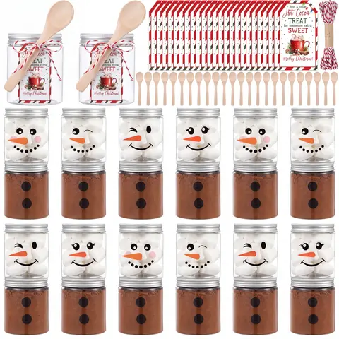 12/24Sets Christmas Hot Chocolate Bar Supplies Snowman Jars with Lids Including 8 oz Clear Plastic Jars with Lid and Wooden Spoon Snowman Stickers Merry Christmas Tag for Teachers Classroom family Christmas Party Gift