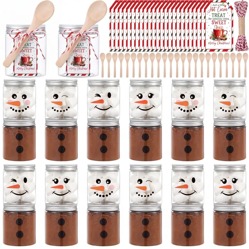 12/24Sets Christmas Hot Chocolate Bar Supplies Snowman Jars with Lids Including 8 oz Clear Plastic Jars with Lid and Wooden Spoon Snowman Stickers Merry Christmas Tag for Teachers Classroom family Christmas Party Gift