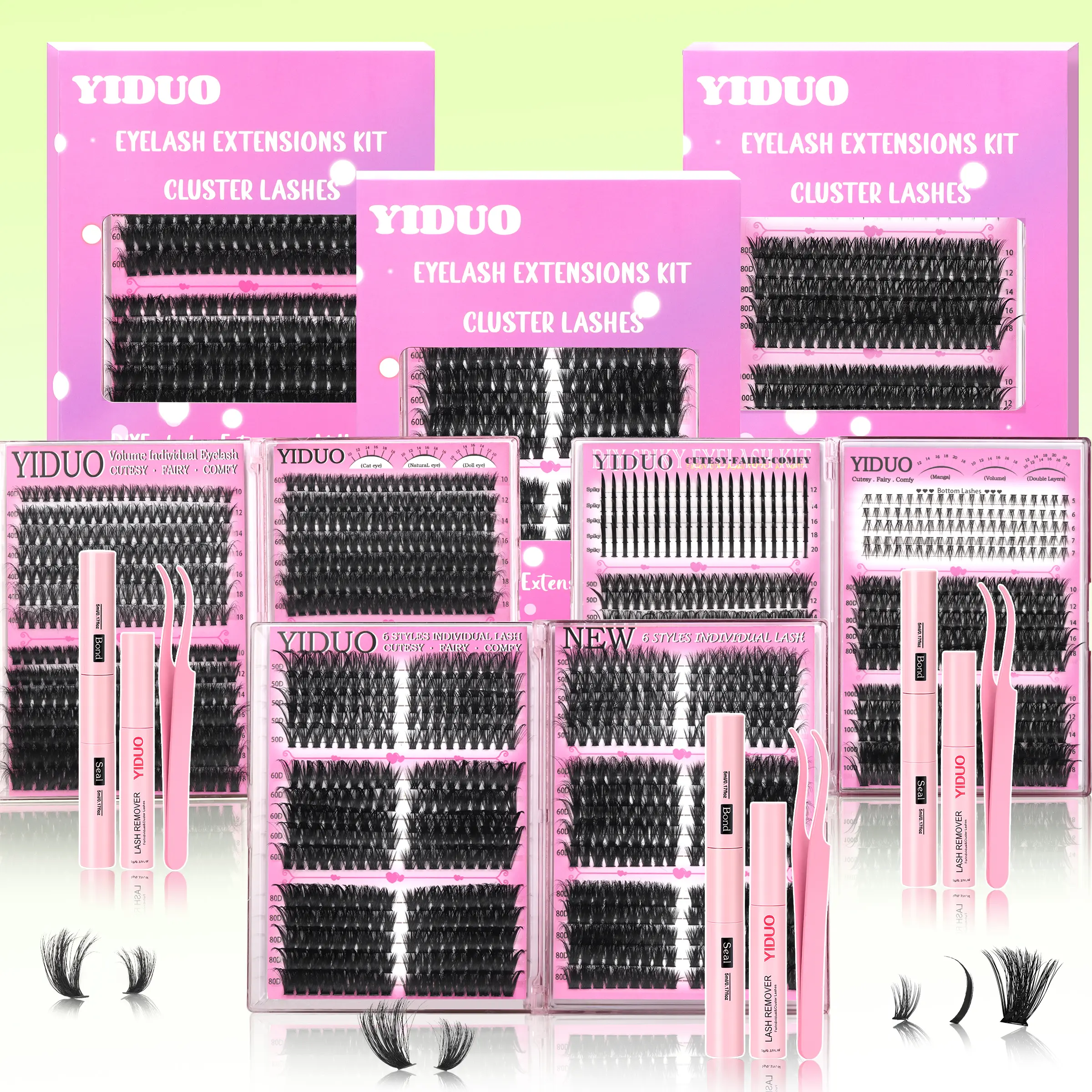 YIDUO Lash Clusters Kit 3 Styles Lashes With Bond and Seal, Cosmetic False Lashes, Voluminous False Eyelashes, Fluffy Eyelashes Cluster, Volume/Thick Eyelash Clusters Extensions Kit Wispy 5-20mm D Curl Individual Lashes with Essentials for Beginners