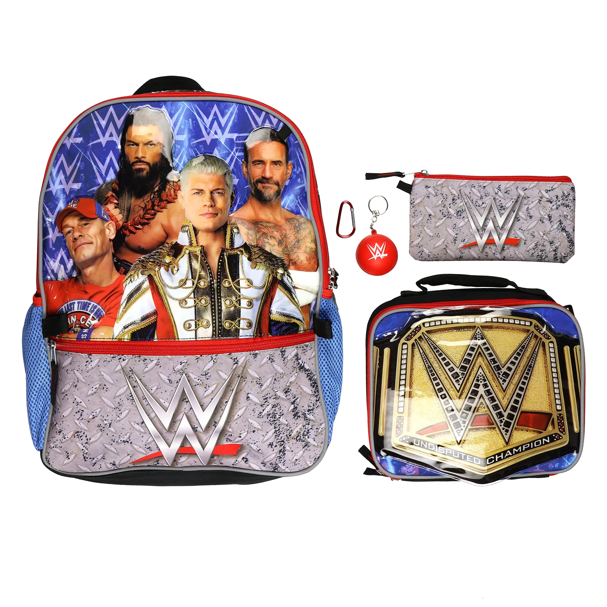 WWE Backpack 5-Piece Set Undisputed Champion 16" Book Bag with Insulated Lunch Box, Campus Life, Daily Use