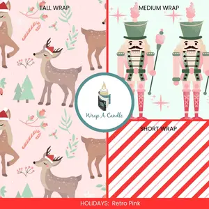 Retro Pink Holiday Wrap for Wrap A Candle Base | Nutcracker, Reindeer & Candy Cane Design | Soft Pastel Holiday Décor | Reusable Candle Wrap