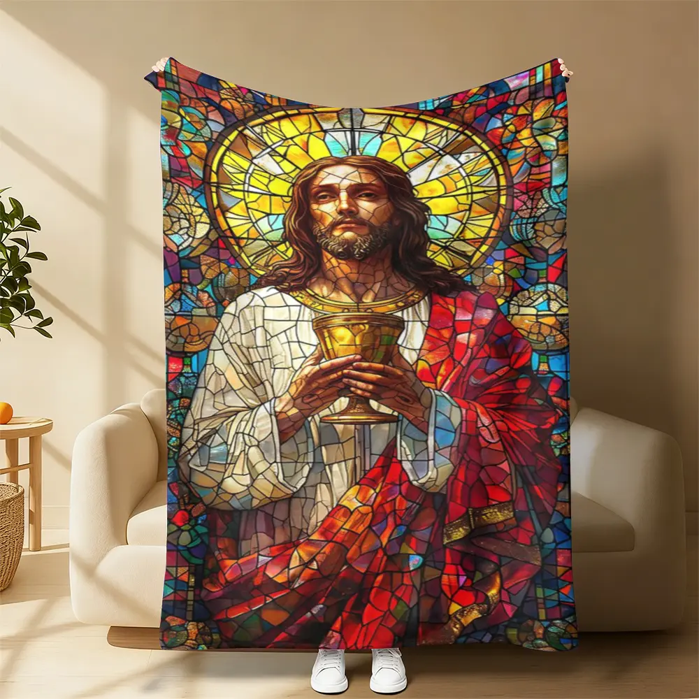 Jesus Holy Chalice Stained Glass Art Print Flannel Throw Blanket, throw blanket，Soft Plush Warm Cozy Christian Faith Prayer Sofa Bed Lap Blanket, Religious Spiritual Church Home Decor Blanket, Perfect Birthday Easter Holiday Gift for Christian Believers