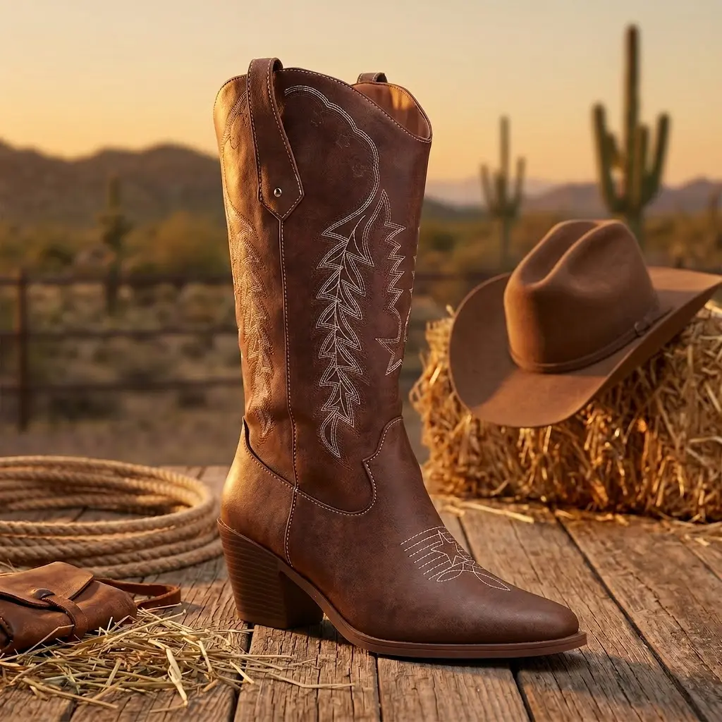 Women's Western Style Embroidered Cowgirl Booties - Pointed Toe, Mid-Calf, TPR Sole, Vintage Slip-On Shoe for Festivals
