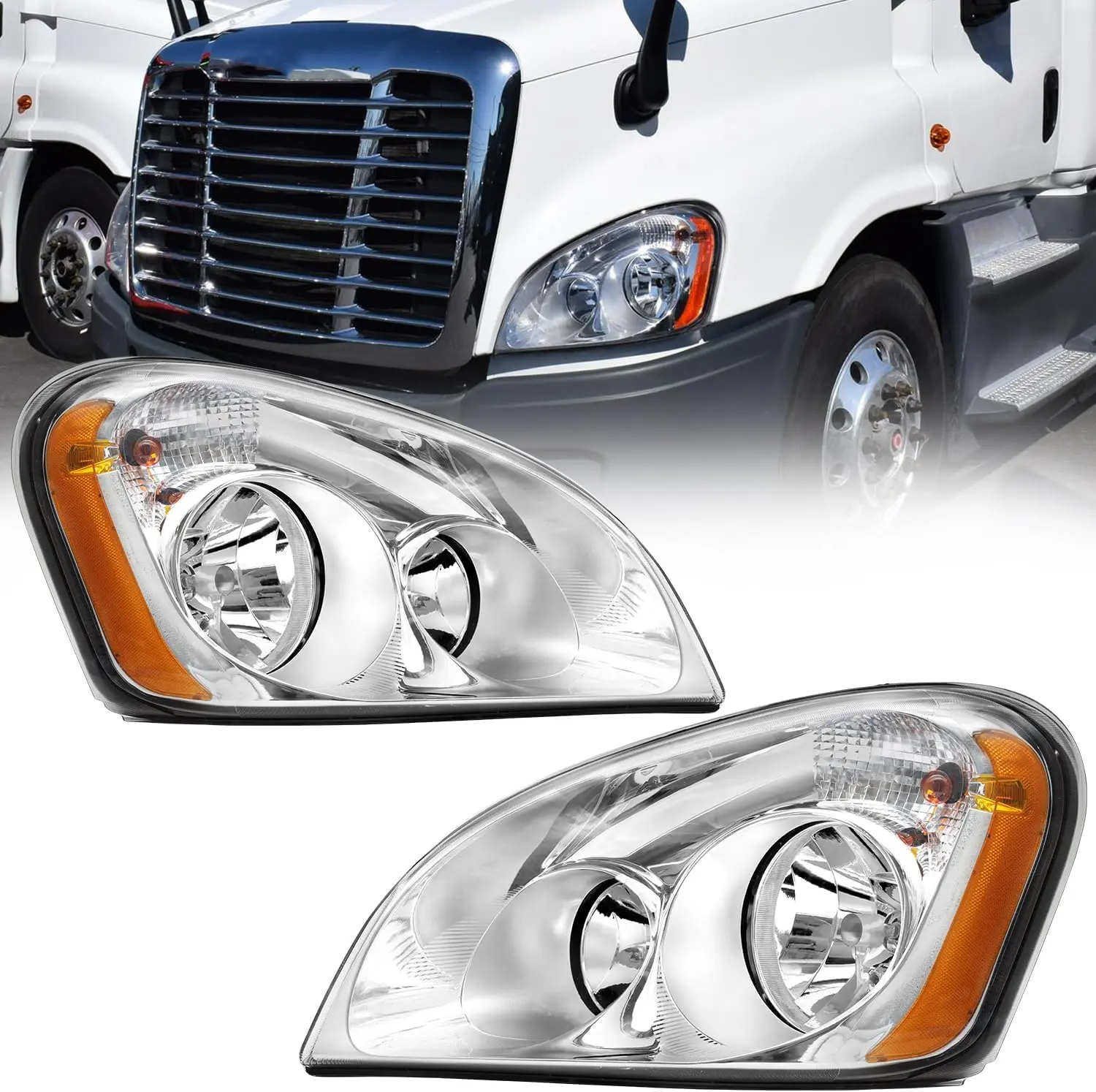 Headlights Assembly Fit for 2008-2016 Freightliner Cascadia, Chrome Housing Halogen Headlamp pair (Driver and Passenge Side)