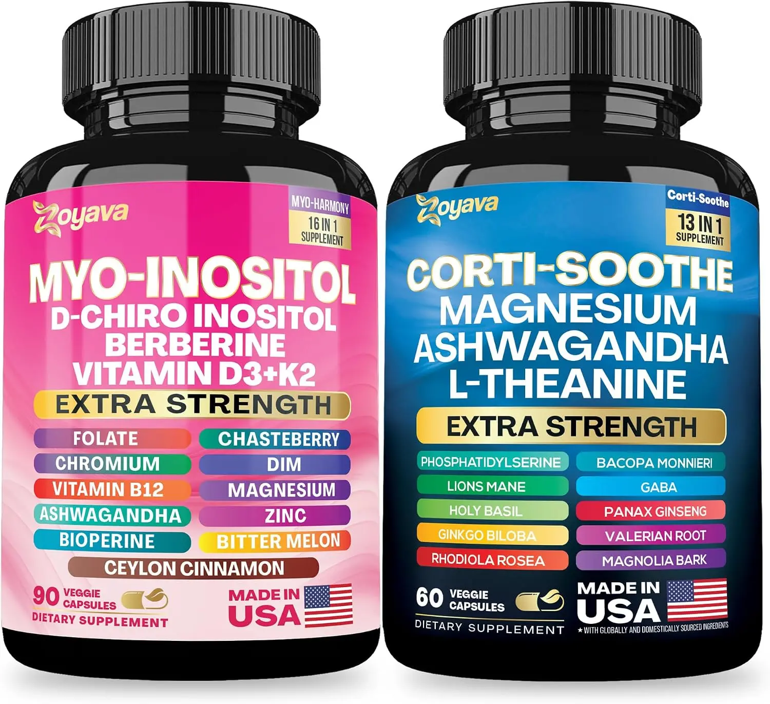 Zoyava Cortisol 60 and Myo-Inositol 90 Capsules Supplement Bundle
