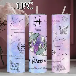 1pc 20oz stainless steel water bottle, printed with Pisces constellation pattern. Dreamy style design straw cup, Insulated Tumbler, suitable for fitness, travel, driving and daily use at home. A great gift for family and friends. Drinkware
