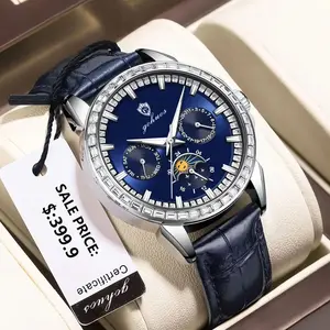 GOHUOS Luxury Men's Watches Full Multifunctional Dial Blue Leather Strap Calendar Week Moon Phase Waterproof Wristwatch Fashion Watches for men