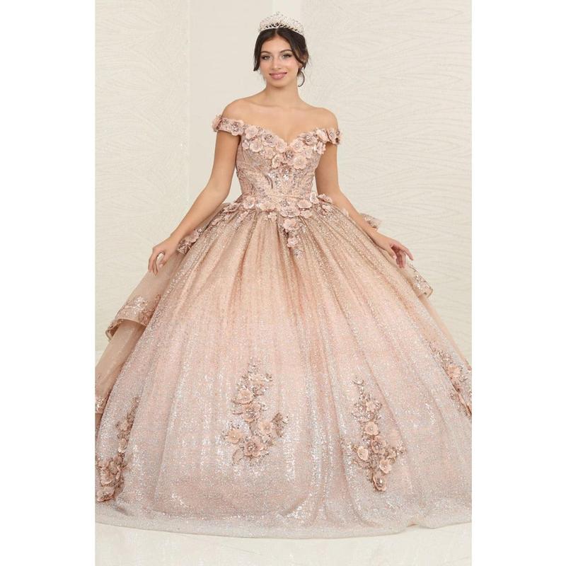 Layla K LK255 Champagne Off-Shoulder Quince Gown with Detachable Tail