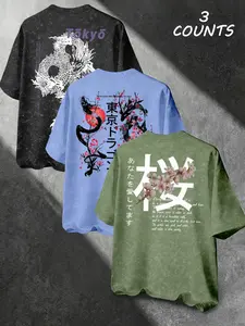 Men's Summer Dragon and Cherry Blossom Pattern Short Sleeve, Comfortable Breathable Casual Streetwear Tee, Ideal for Outdoor Activities, 3-Pack
