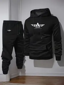 Men's Casual Hoodie and Sweatpants Set, Oliver Alpha Print, Knitted Material, Elastic Waist, Geometric Pattern, Fall/winter Series