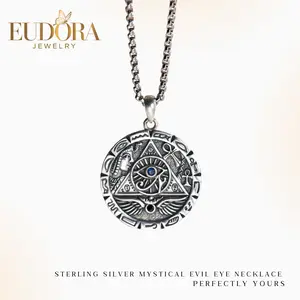 S925 Sterling Silver Mystical Evil Eye Necklace, Egyptian Symbols Pendant With Blue CZ, Eye of Horus Jewelry, Spiritual All-Seeing Eye Amulet
