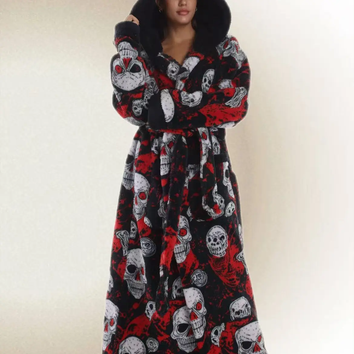 Effortless Elegant Skull Print Hooded Bathrobe Blanket, with Hat Belt Pocket, Unisex All-Size, Soft Comfort, Fall Winter Essential, Loungewear, elegant silhouette, timeless appeal, graceful flow