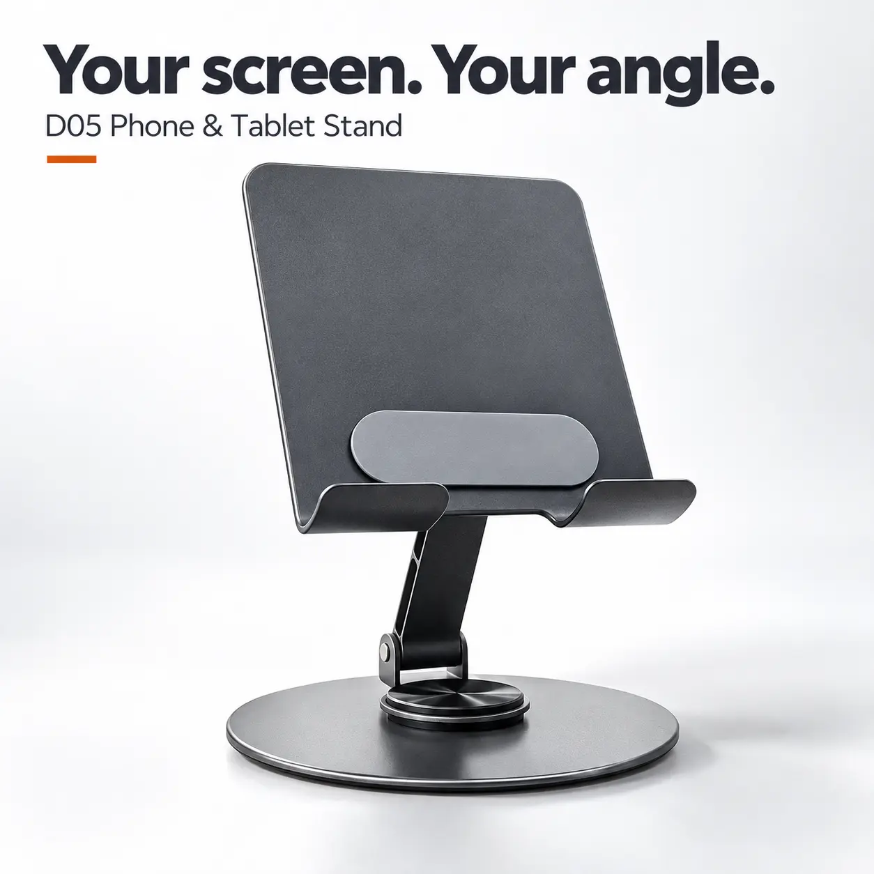 Phone Stand for Desk, Adjustable Metal Phone and Tablet Holder with 360° Rotating Base, Silicone Pads, 4–11 Inch Devices, D05 Space Gray