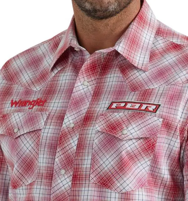 Wrangler® Men's PBR Plaid Western Snap Shirt – Red & White