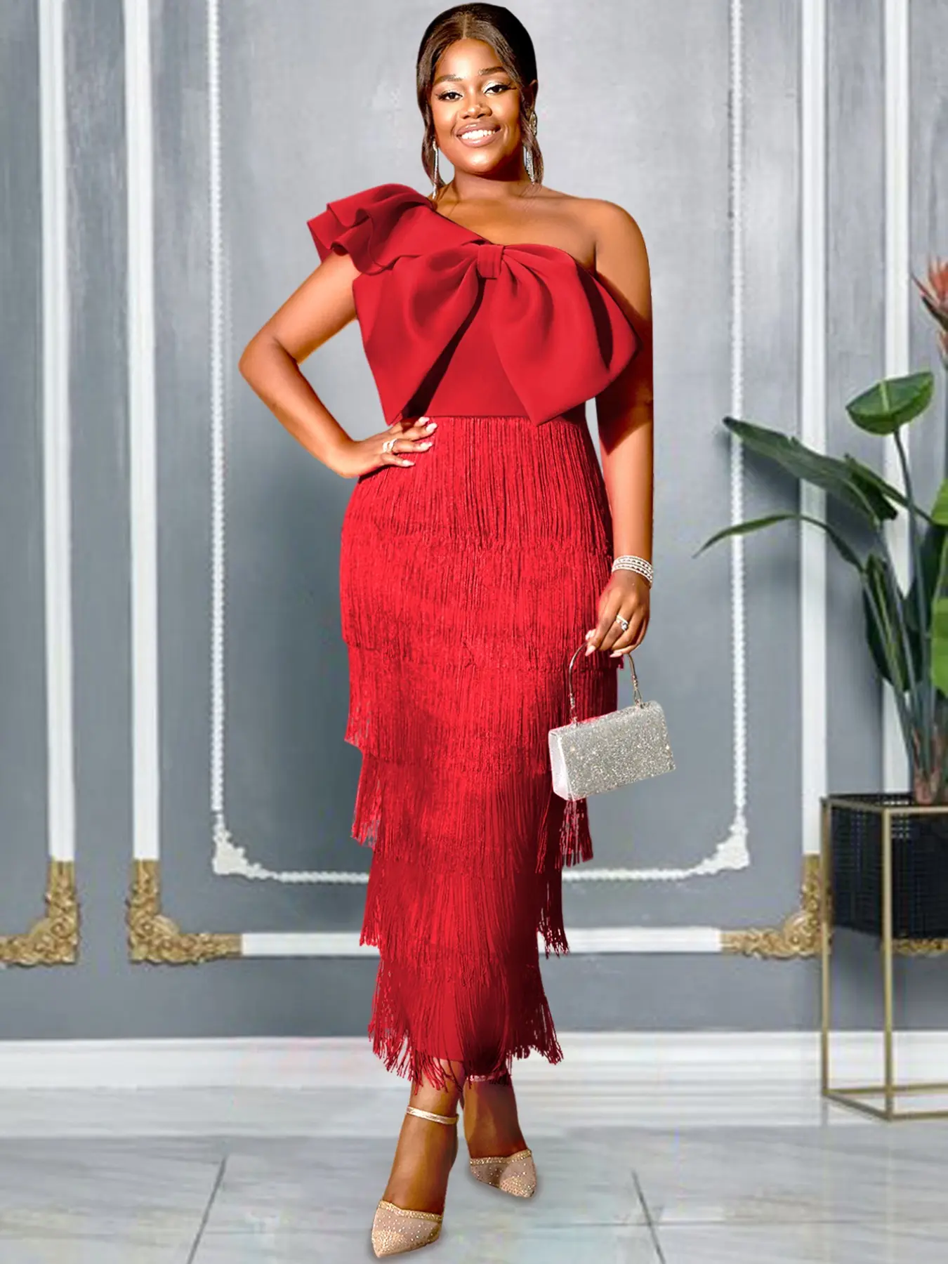 Plus Size One Shoulder Formal Evening Dress with Large Bow and Fringe  Detail, Slim Fit Fashionable Party Gown for Women, Evening Party Dresses -  TikTok Shop