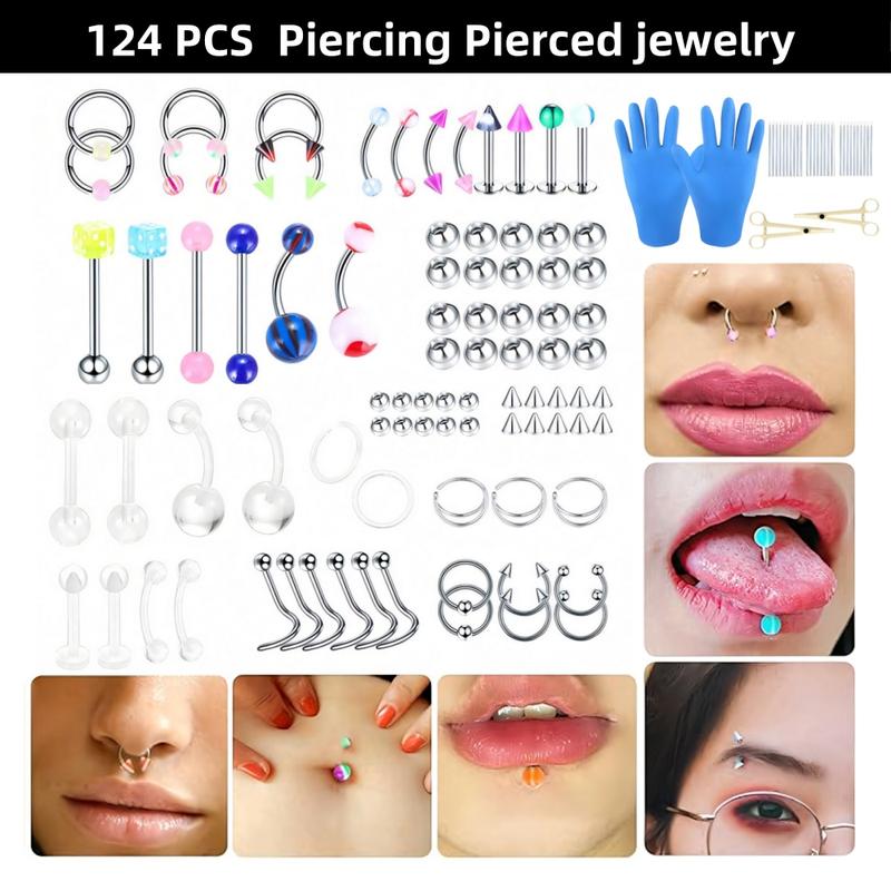 124pcs Mixed-pack Kits For All Body  Stainless Steel 14g 16g 20g And With Tools Nose Septum Lip EarBelly Button Cartilage Tragus